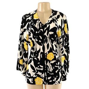 Yellow Floral‎ Black White Pattern Fit & Flare Bell Sleeve Womans Knit Sweater